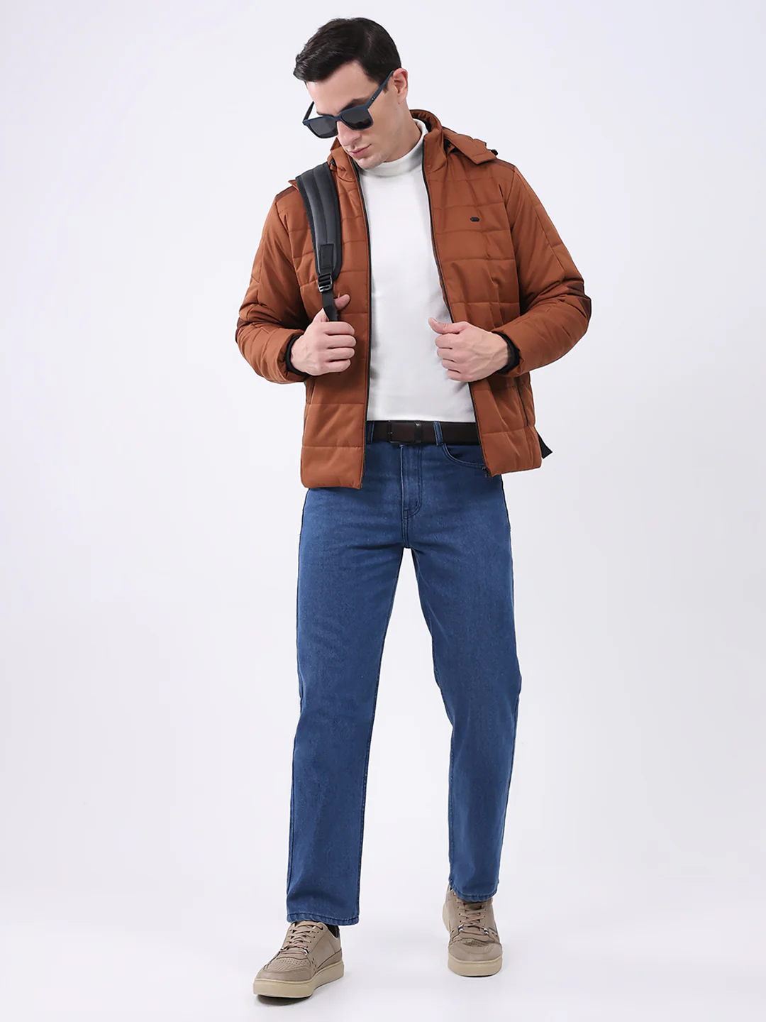 Men Tan Solid Hooded Full Sleeve Jacket - Image 2