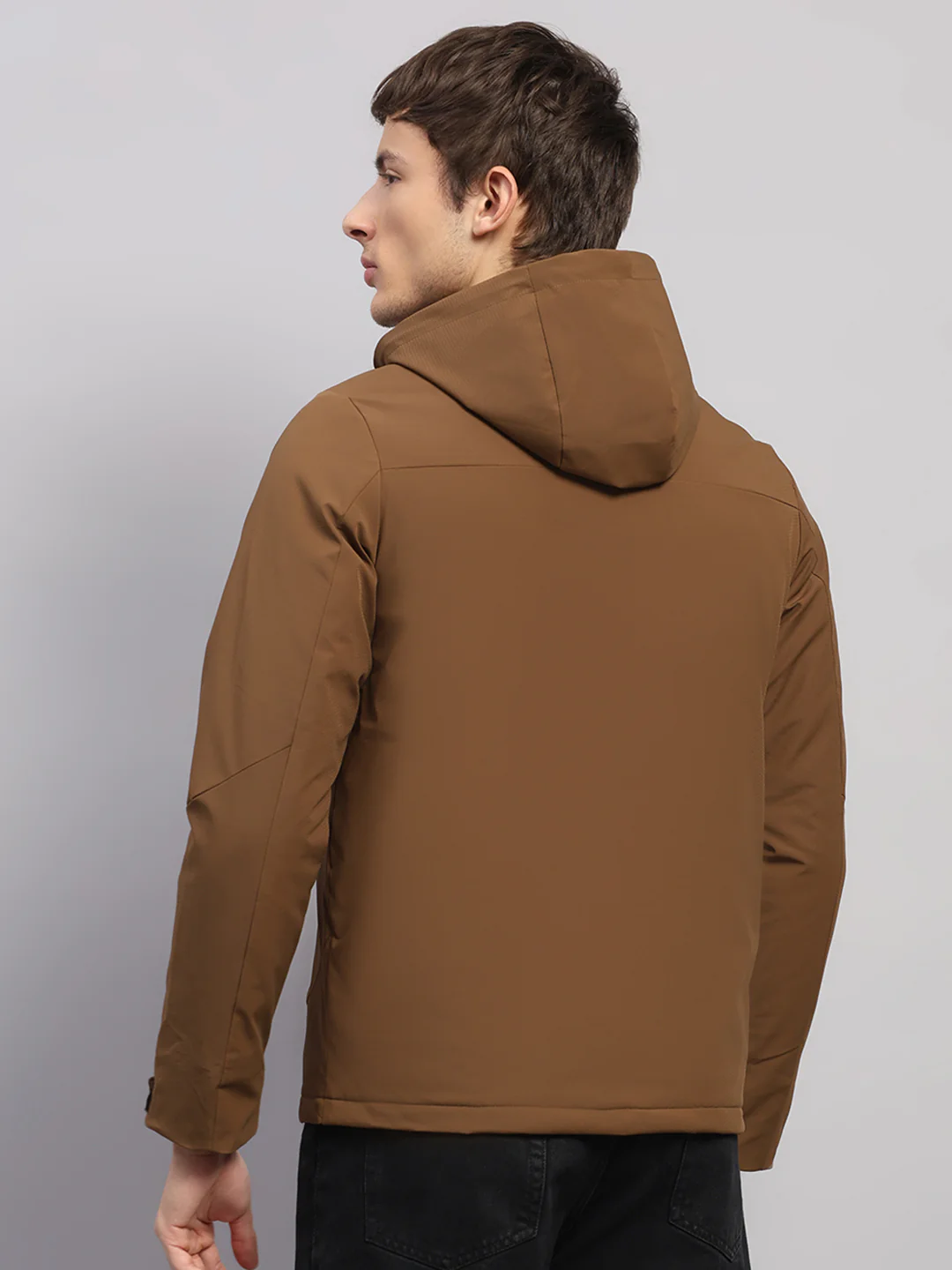 Men Tan Solid Hooded Full Sleeve Jacket - Image 5