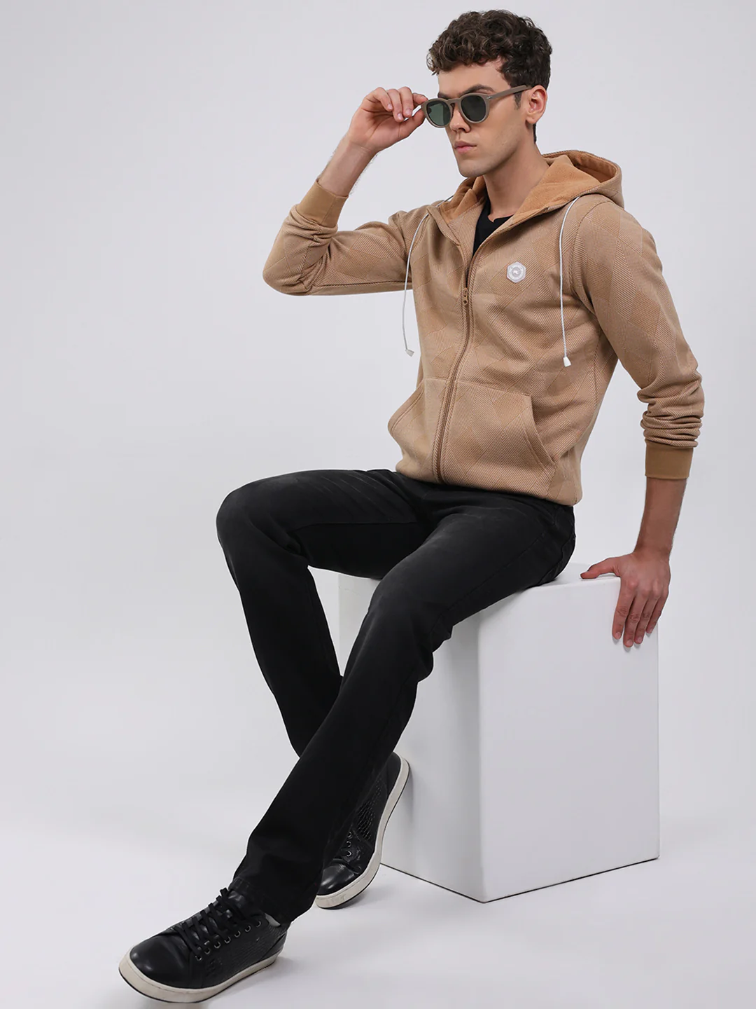 Men Tan Solid Hooded Full Sleeve Sweatshirt - Image 2