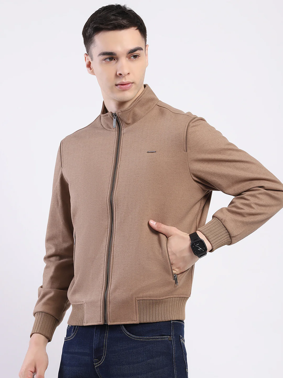 Men Tan Solid Mock Neck Full Sleeve Jacket - Image 3