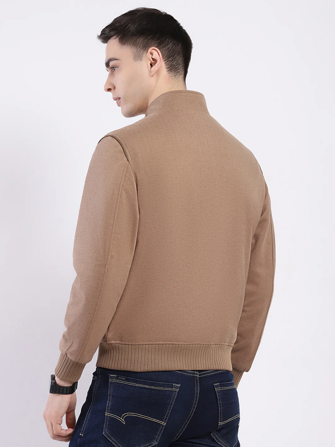 Men Tan Solid Mock Neck Full Sleeve Jacket - Image 5