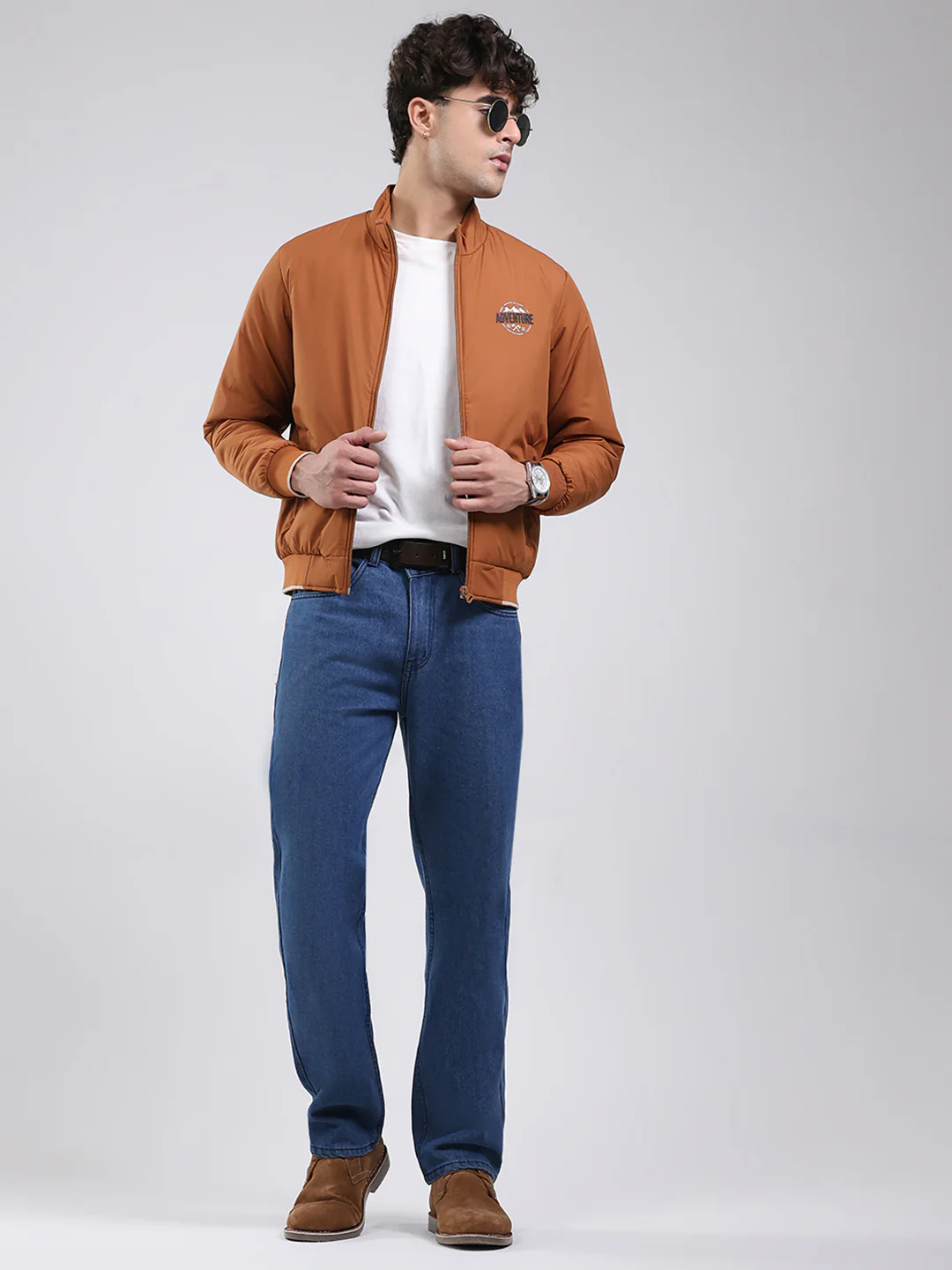 Men Tan Solid Mock Neck Full Sleeve Jacket - Image 2