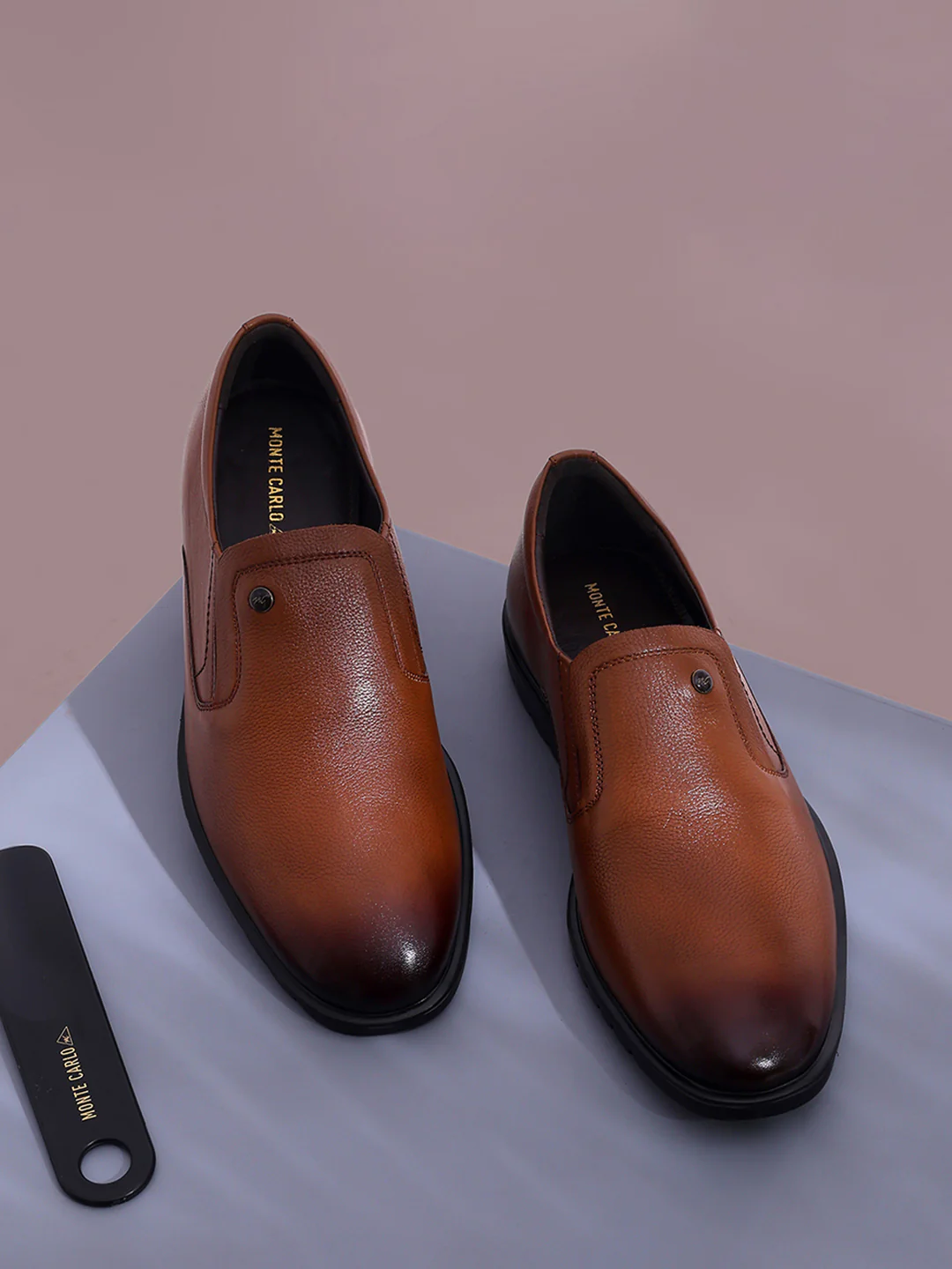 Men Tan Solid Slip on Genuine Leather Formal Shoes - Image 2