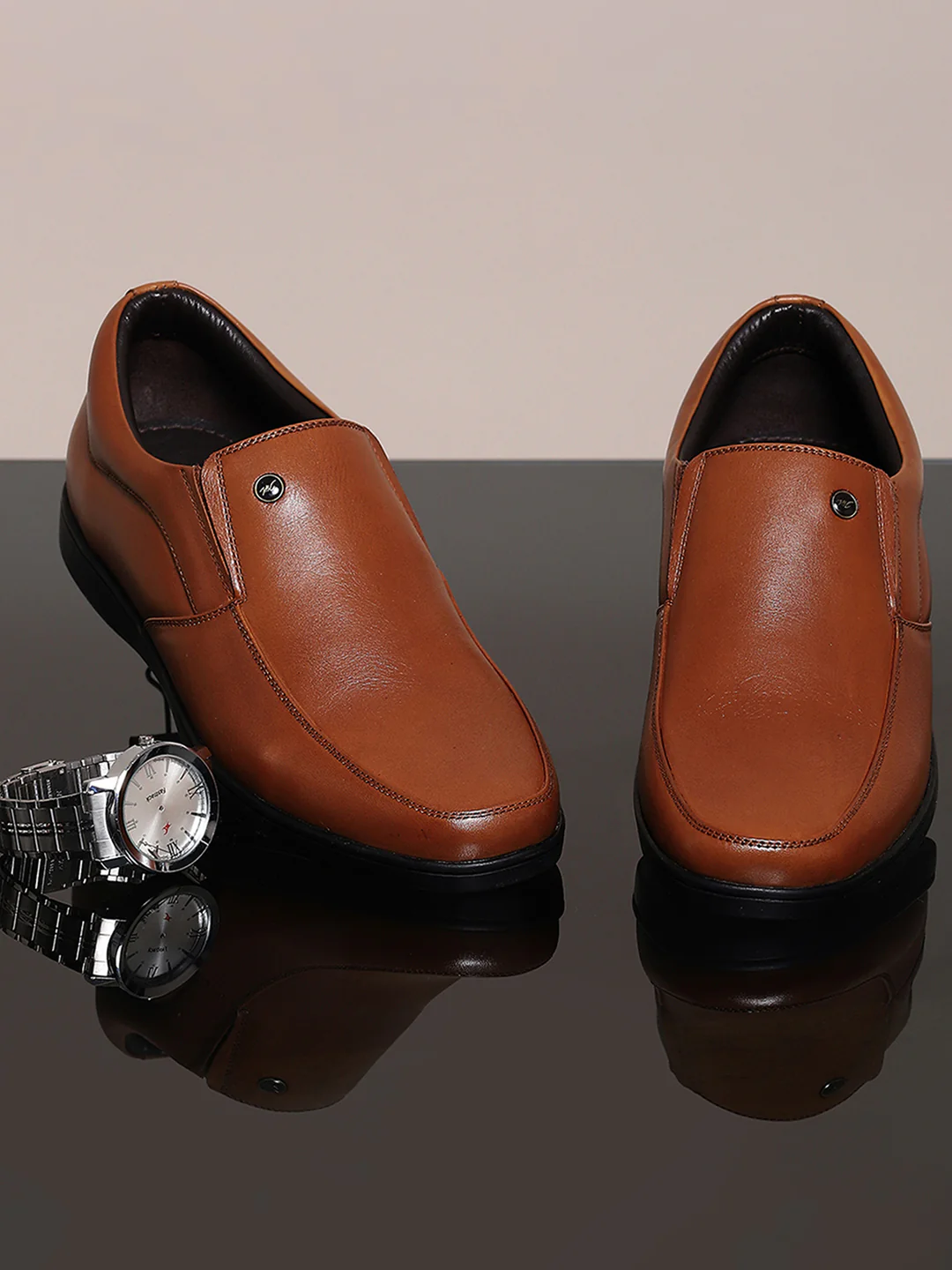 Men Tan Solid Slip on Genuine Leather Square Toe Slip on Shoes - Image 9