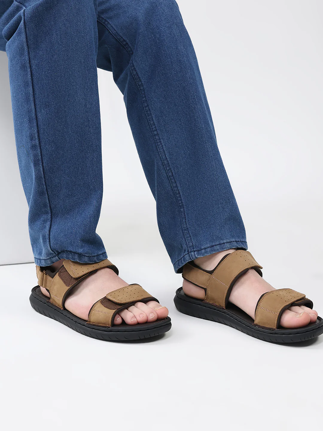 Men Tan Velcro Leather Sandals - Image 11