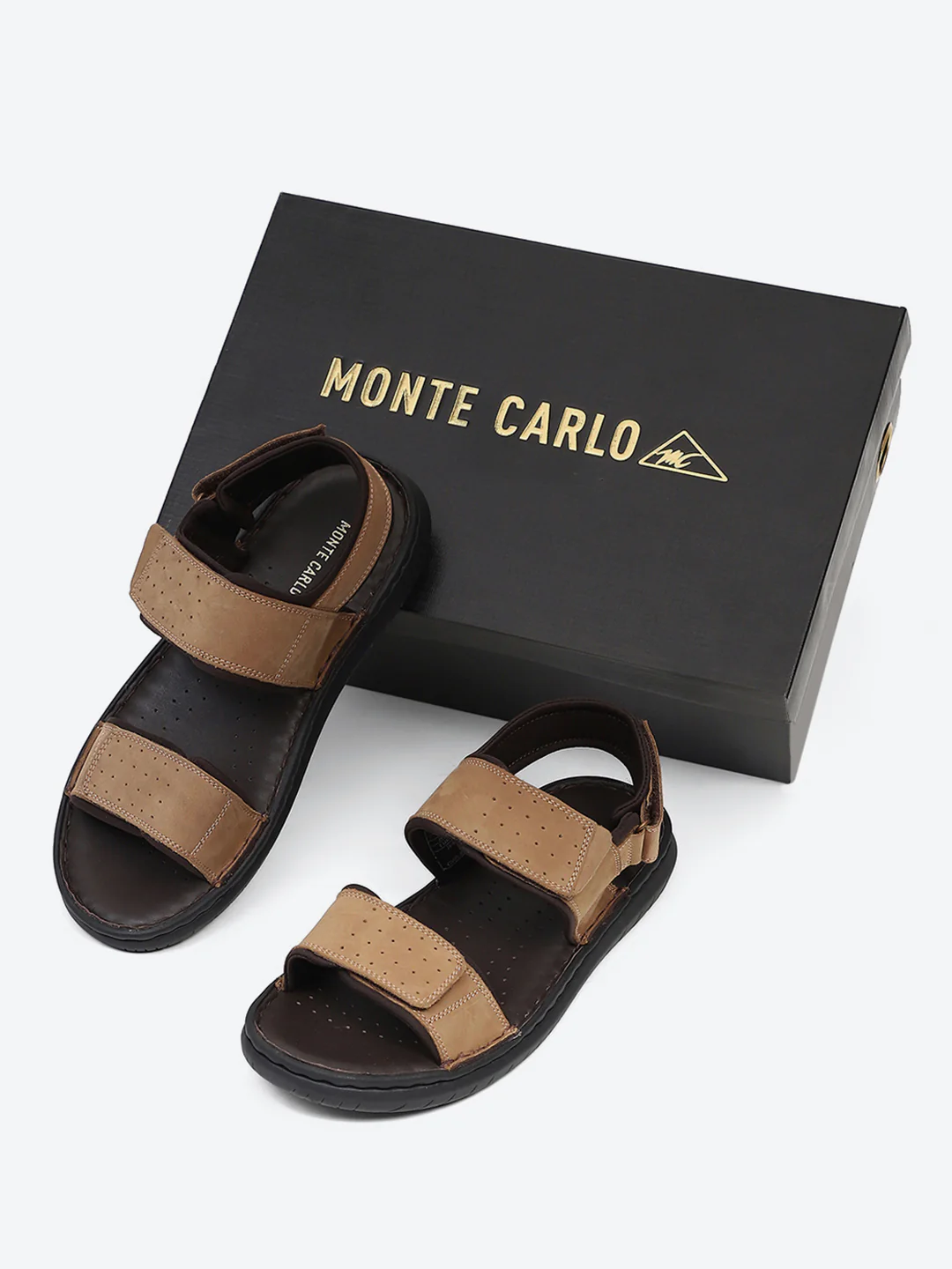 Men Tan Velcro Leather Sandals - Image 2