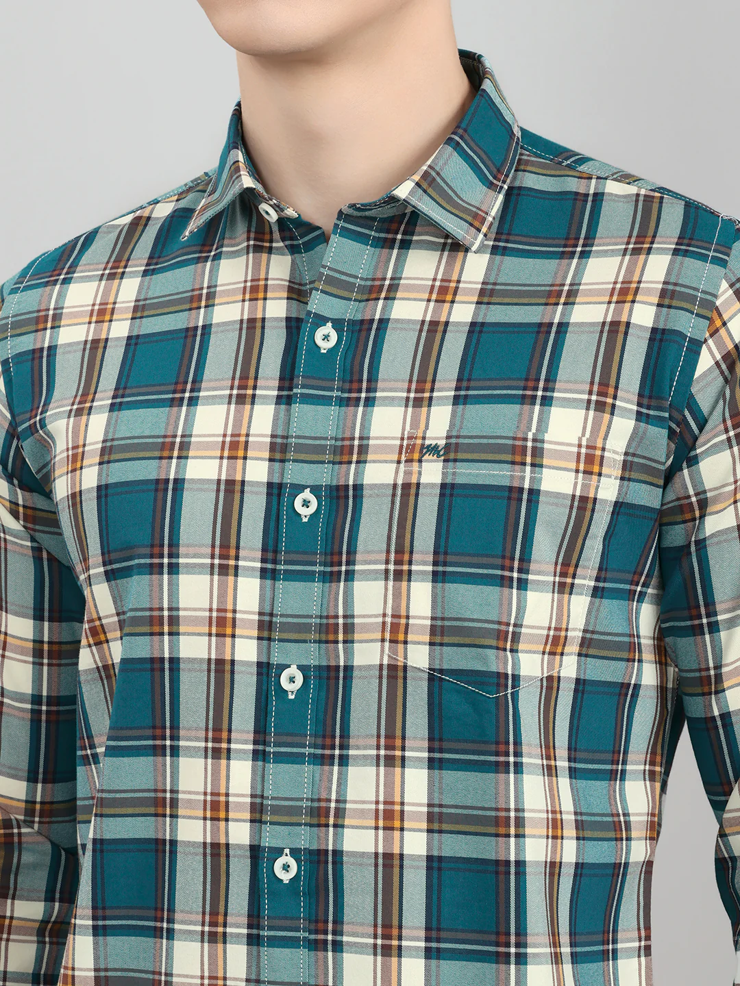 Men Teal Blue Check Collar Full Sleeve Shirt - Image 4