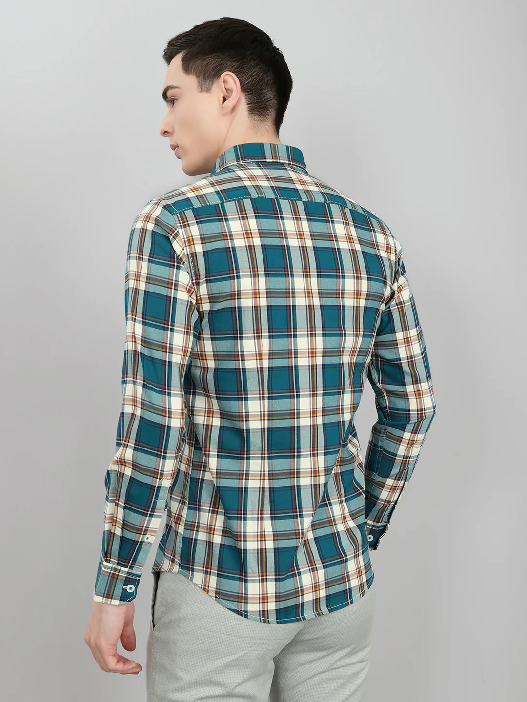 Men Teal Blue Check Collar Full Sleeve Shirt - Image 5