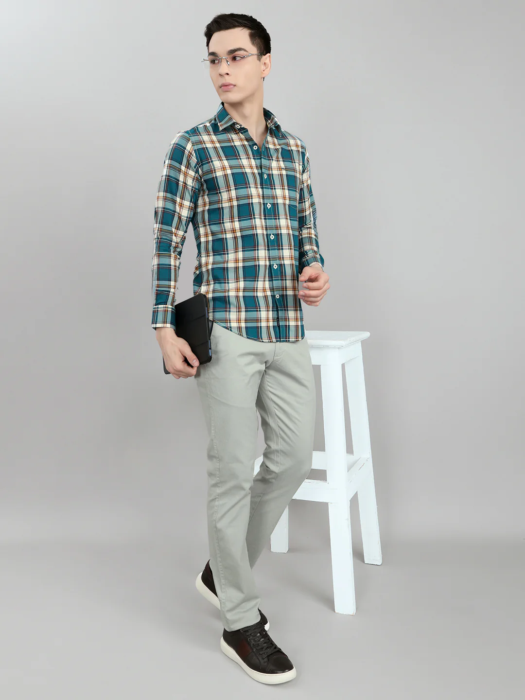 Men Teal Blue Check Collar Full Sleeve Shirt - Image 6