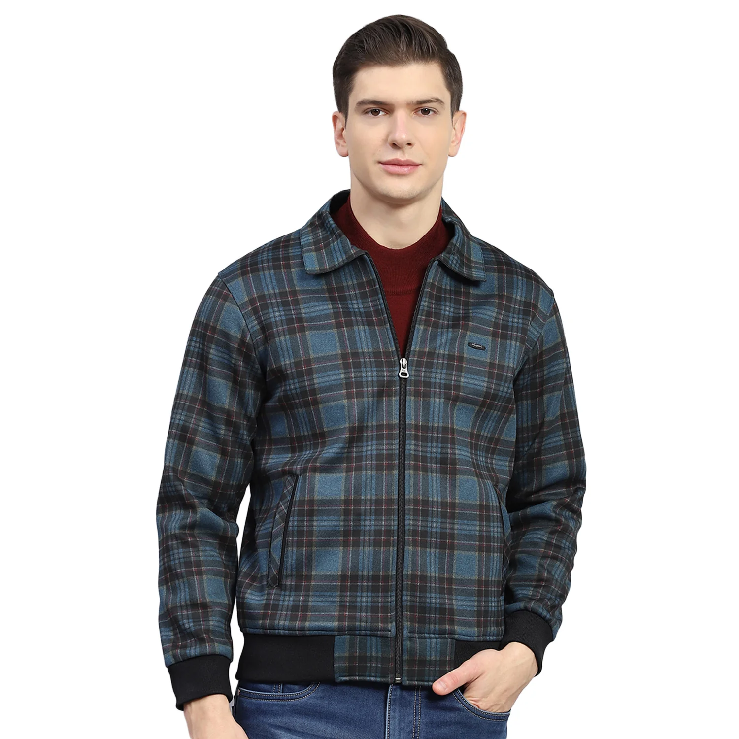 Men Teal Blue Check Collar Full Sleeve Sweatshirt - Image 5