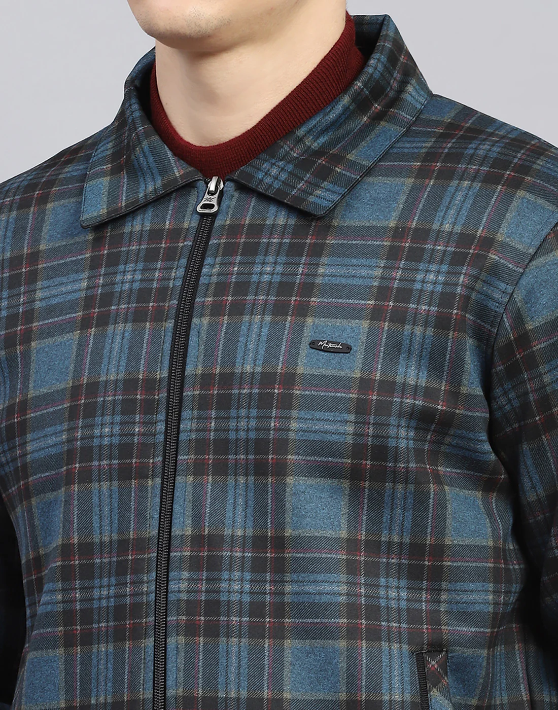 Men Teal Blue Check Collar Full Sleeve Sweatshirt - Image 8