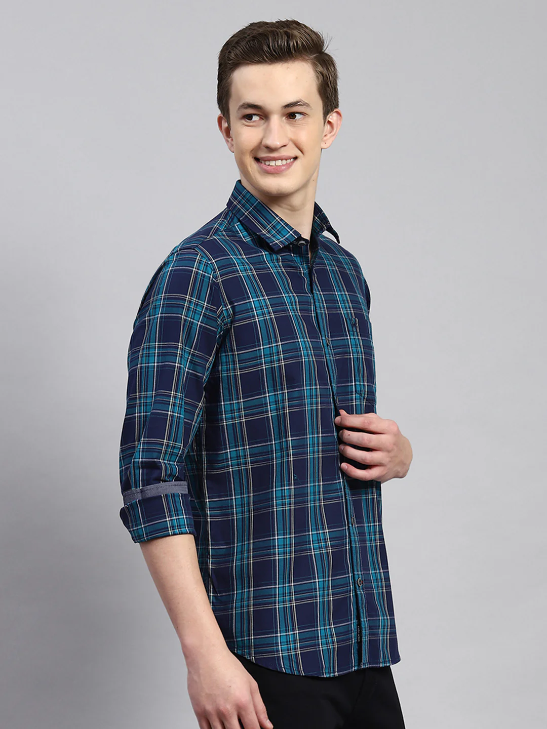 Men Teal Blue Check Shirt - Image 3