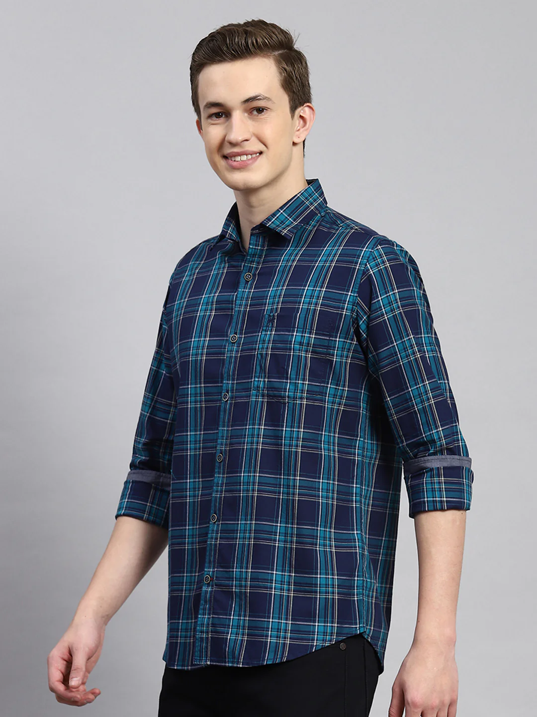 Men Teal Blue Check Shirt - Image 4