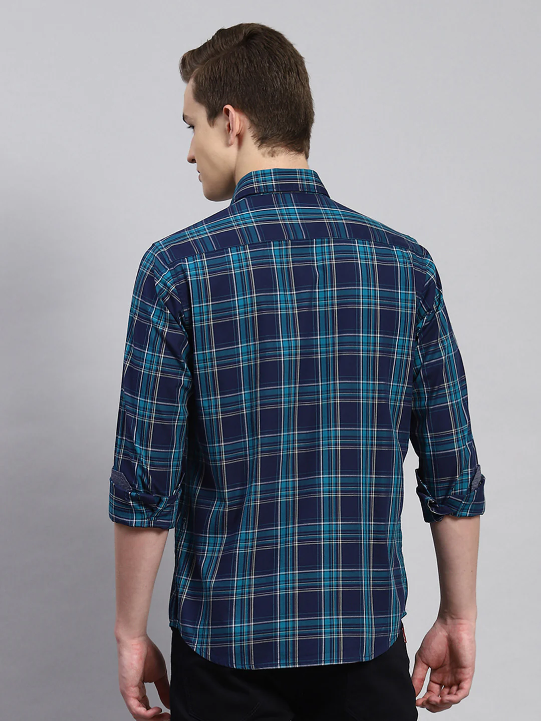 Men Teal Blue Check Shirt - Image 5