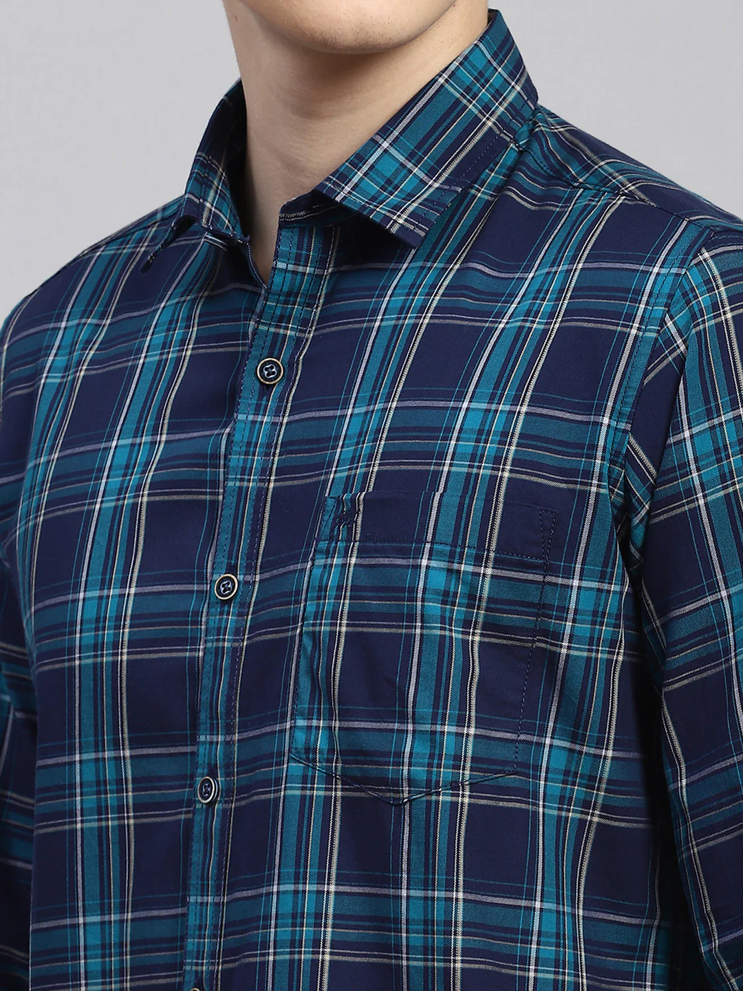Men Teal Blue Check Shirt - Image 6
