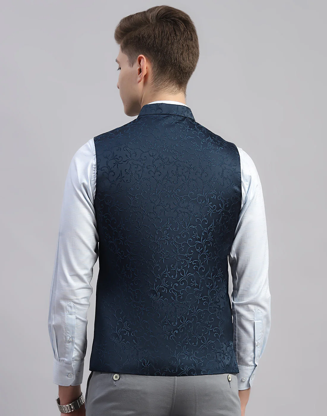 Men Teal Blue Embroidered Mandarin Neck Sleeveless Nehru Jacket - Image 5