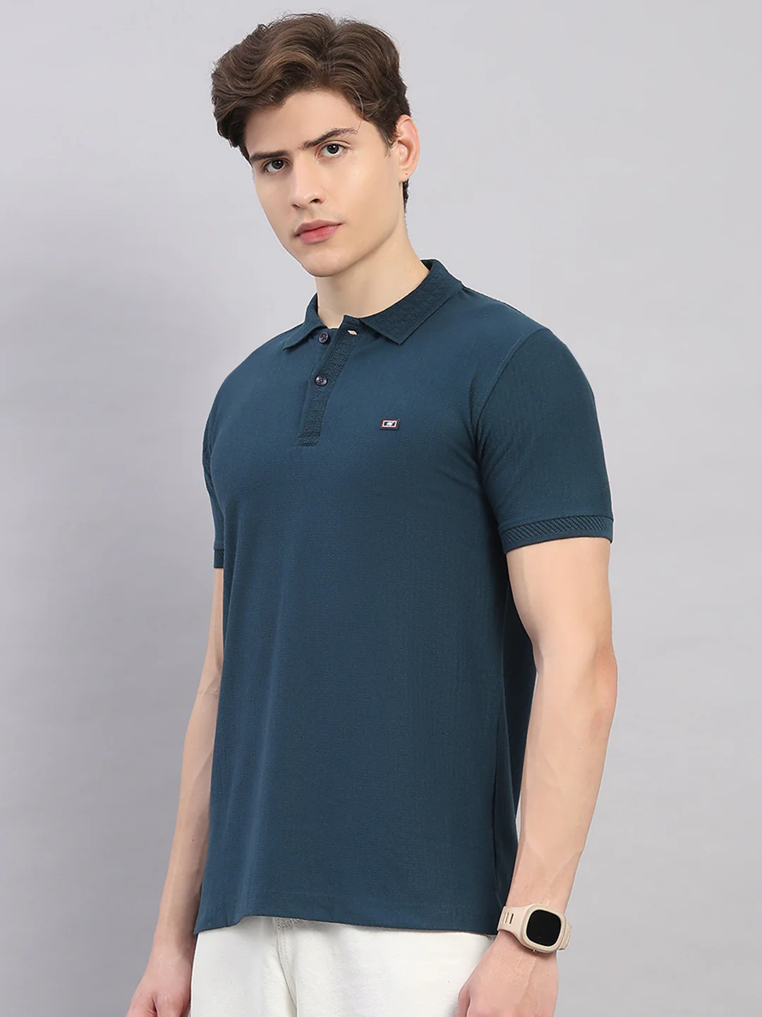 Men Teal Blue Geometric Stand Collar Half Sleeve T-Shirt - Image 3
