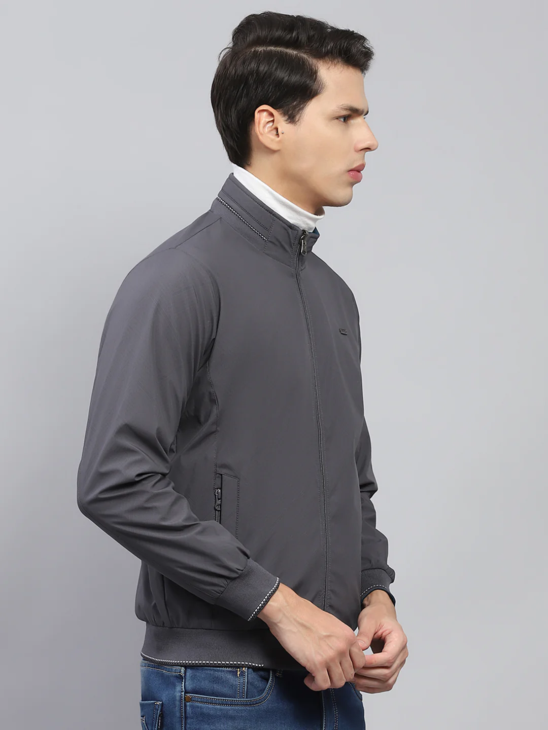 Men Teal Blue & Grey Solid Mock Neck Full Sleeve Reversible Jacket - Image 4