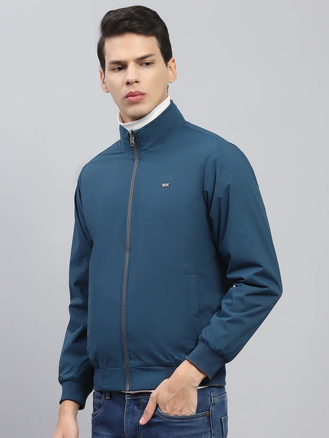 Men Teal Blue & Grey Solid Mock Neck Full Sleeve Reversible Jacket - Image 7