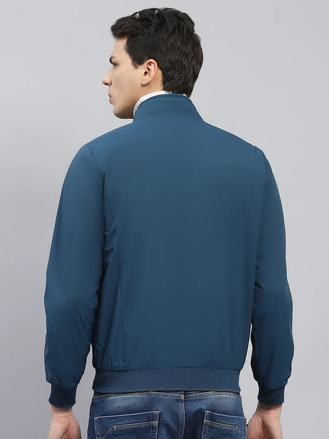 Men Teal Blue & Grey Solid Mock Neck Full Sleeve Reversible Jacket - Image 9