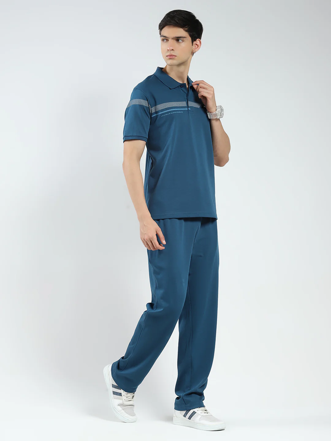 Men Teal Blue Printed Collar Half Sleeve Lower Set - Image 4