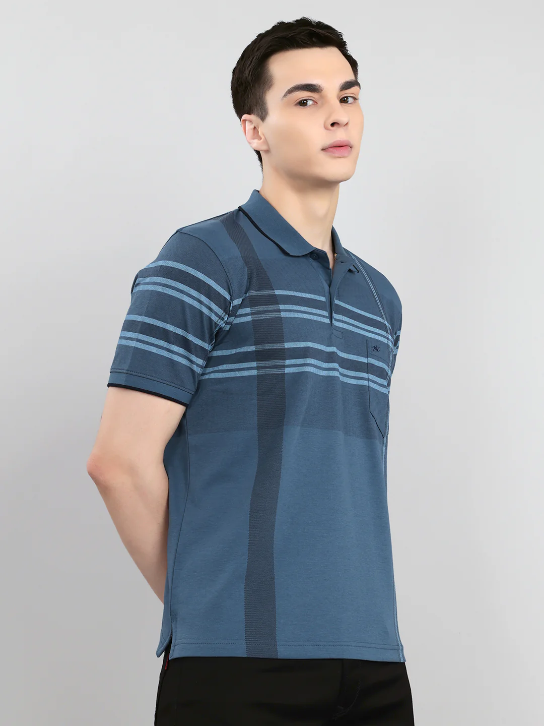 Men Teal Blue Printed Collar Half Sleeve T-Shirt - Image 3