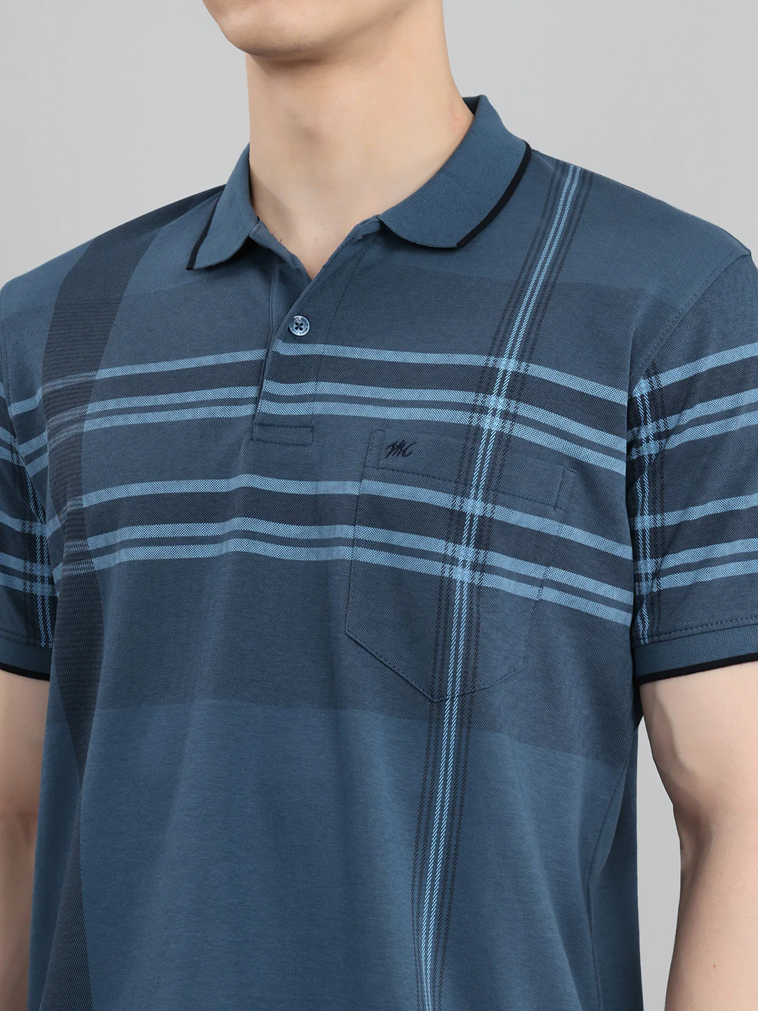 Men Teal Blue Printed Collar Half Sleeve T-Shirt - Image 5
