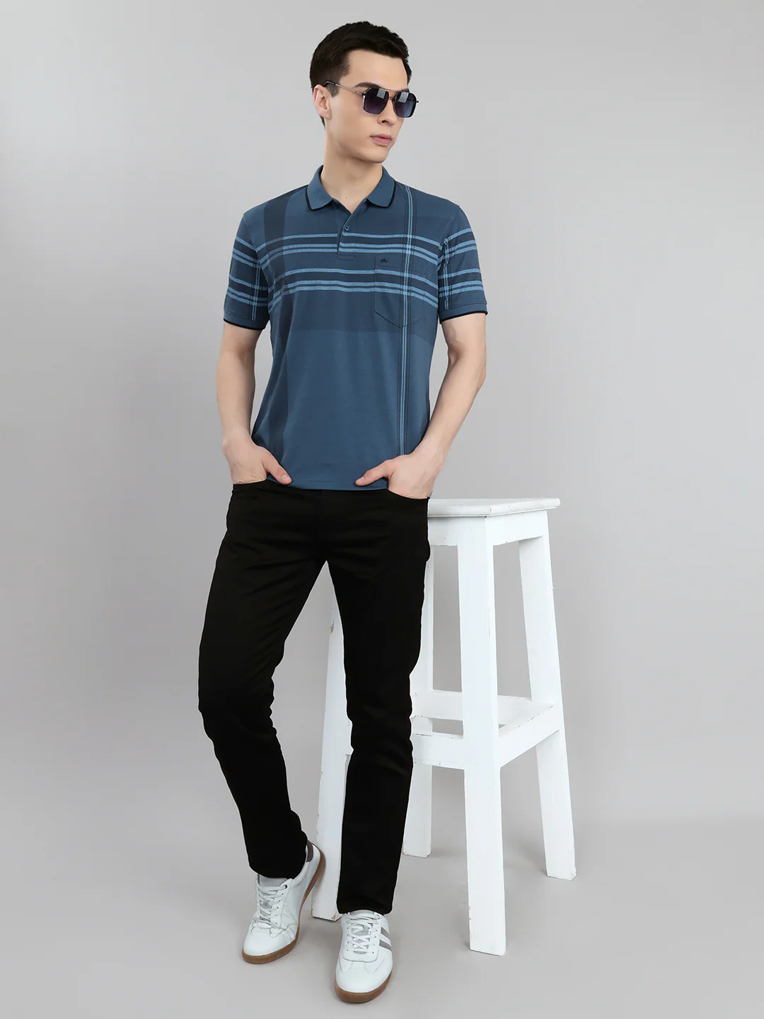 Men Teal Blue Printed Collar Half Sleeve T-Shirt - Image 6