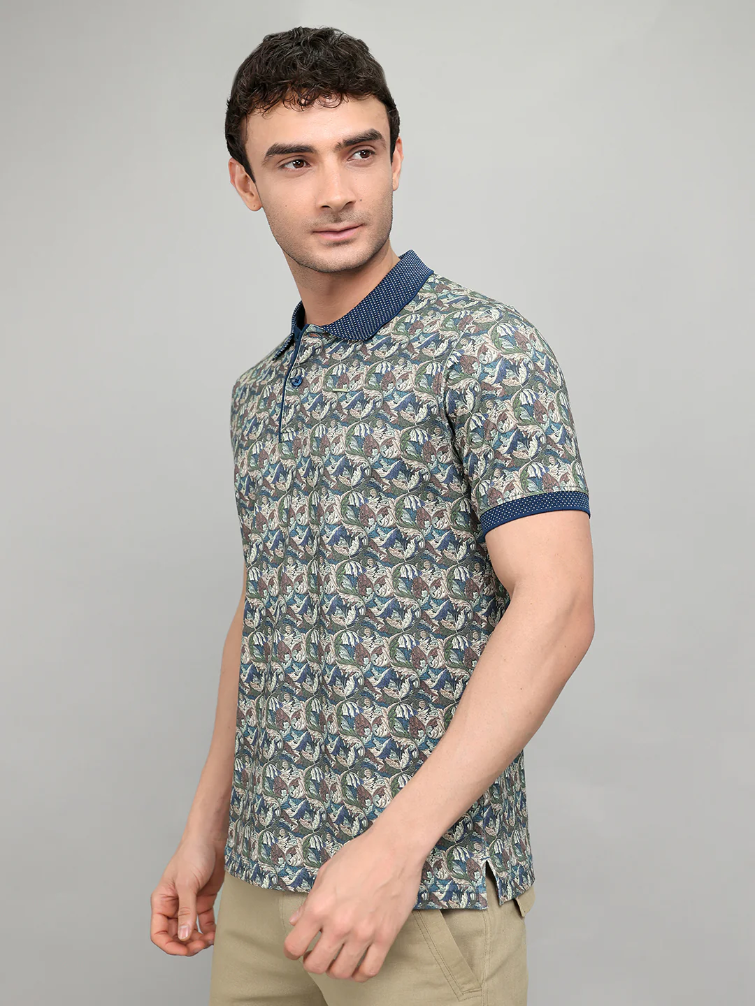 Men Teal Blue Printed Collar Half Sleeve T-Shirt with Plantable Seed Tag - Image 2