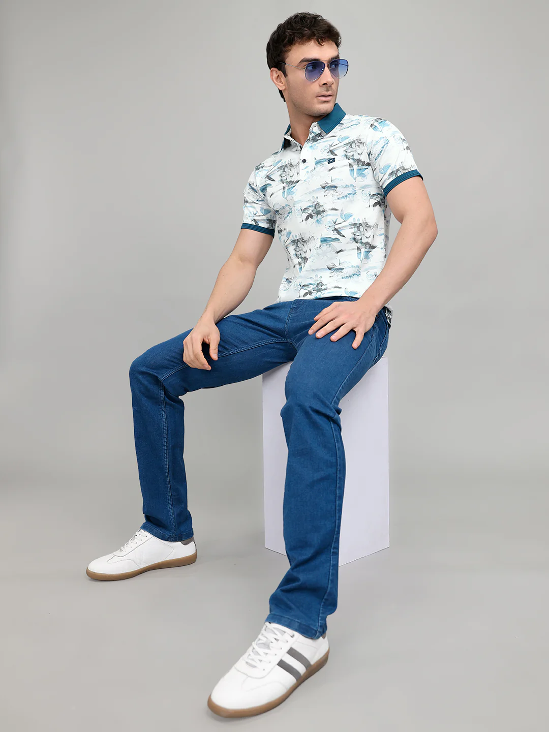 Men Teal Blue Printed Collar Half Sleeve T-Shirt with Plantable Seed Tag - Image 6