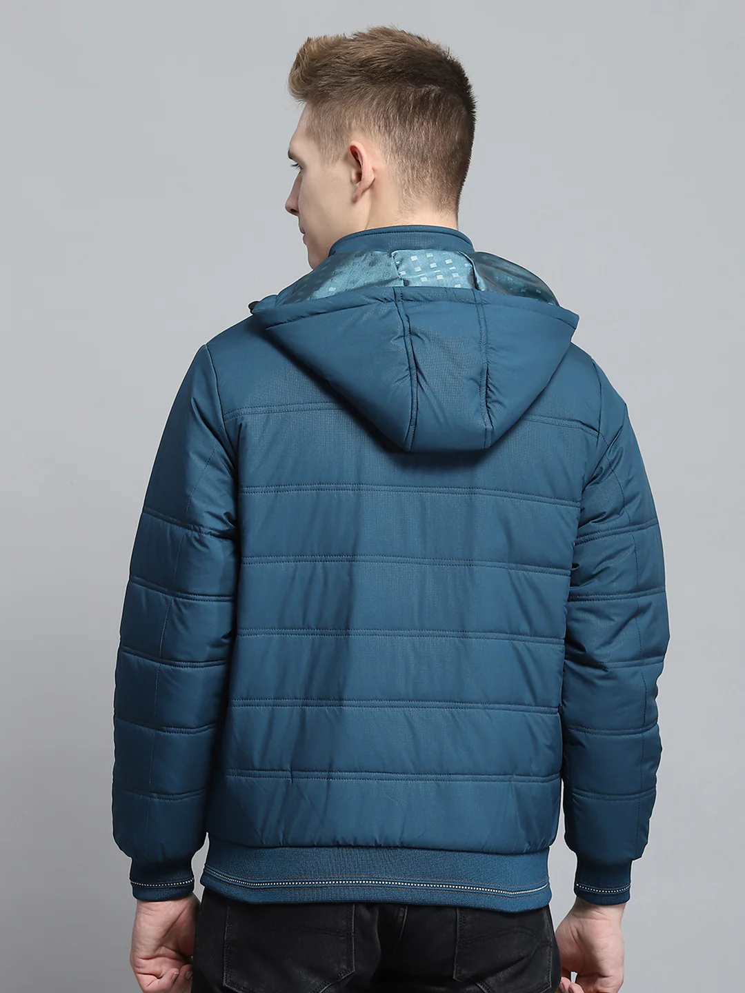 Men Teal Blue Printed Detachable Hood Full Sleeve Jacket - Image 5