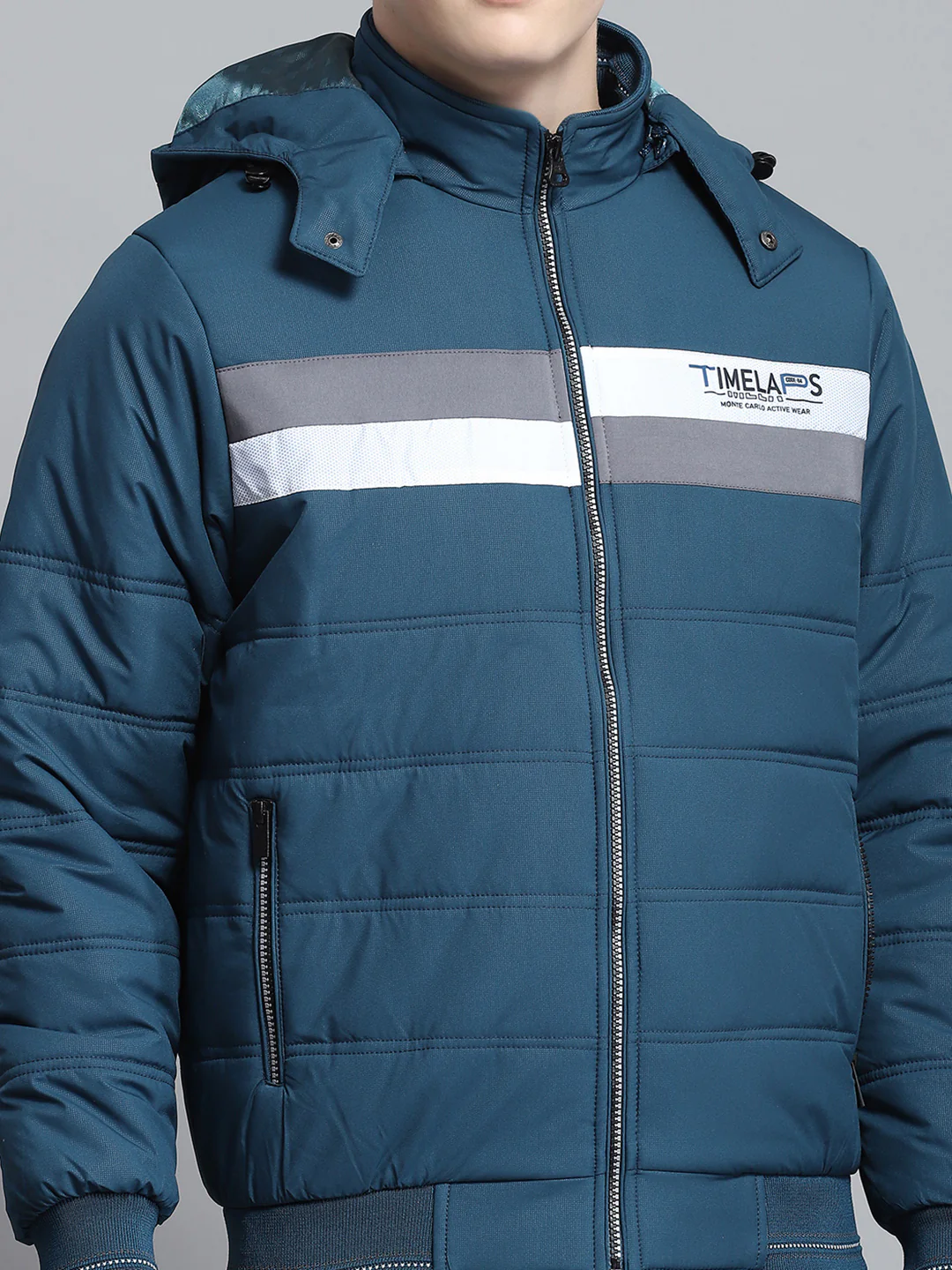 Men Teal Blue Printed Detachable Hood Full Sleeve Jacket - Image 9