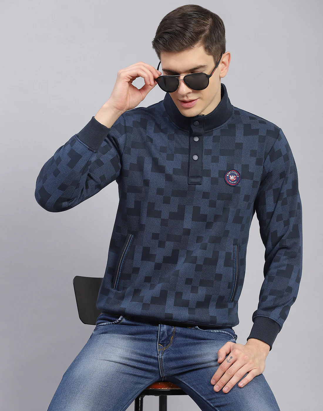 Men Teal Blue Printed T Neck Full Sleeve Sweatshirt - Image 2