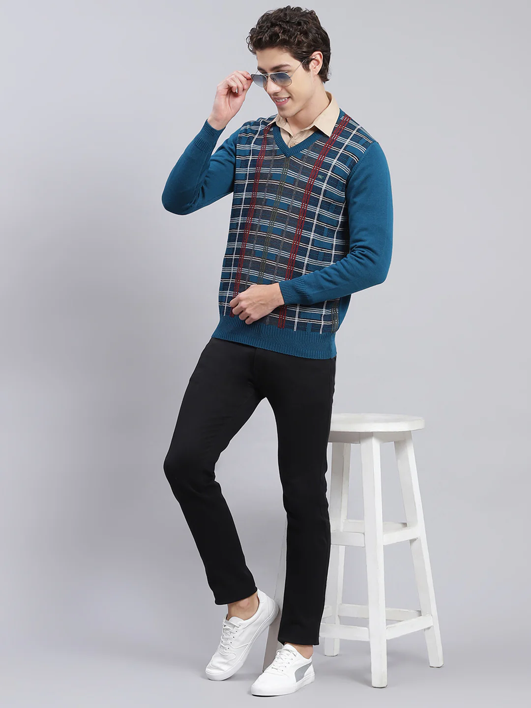 Men Teal Blue Printed Wool blend Pullover - Image 5