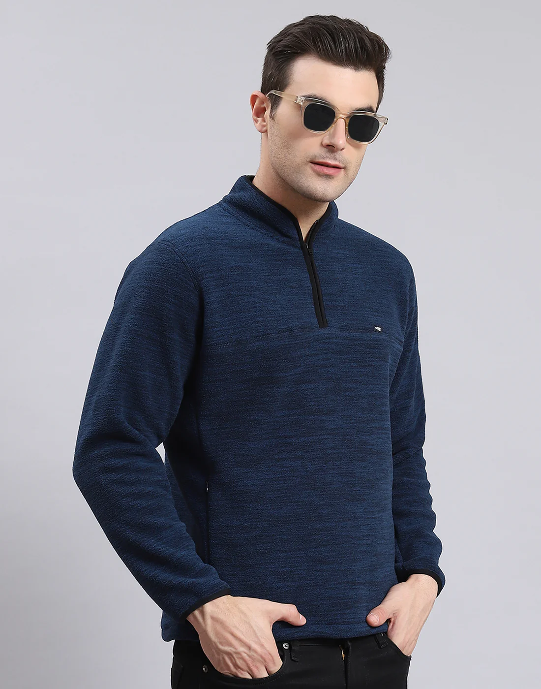 Men Teal Blue Self Design T Neck Full Sleeve Sweatshirt - Image 4