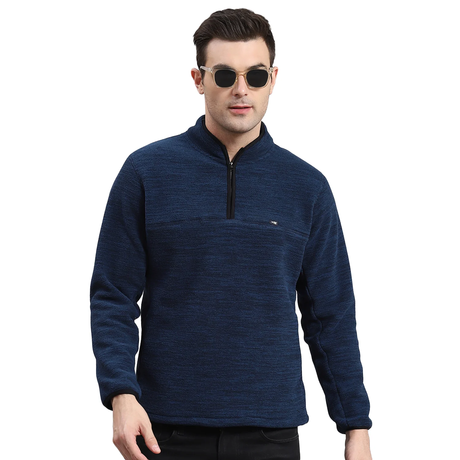 Men Teal Blue Self Design T Neck Full Sleeve Sweatshirt - Image 5