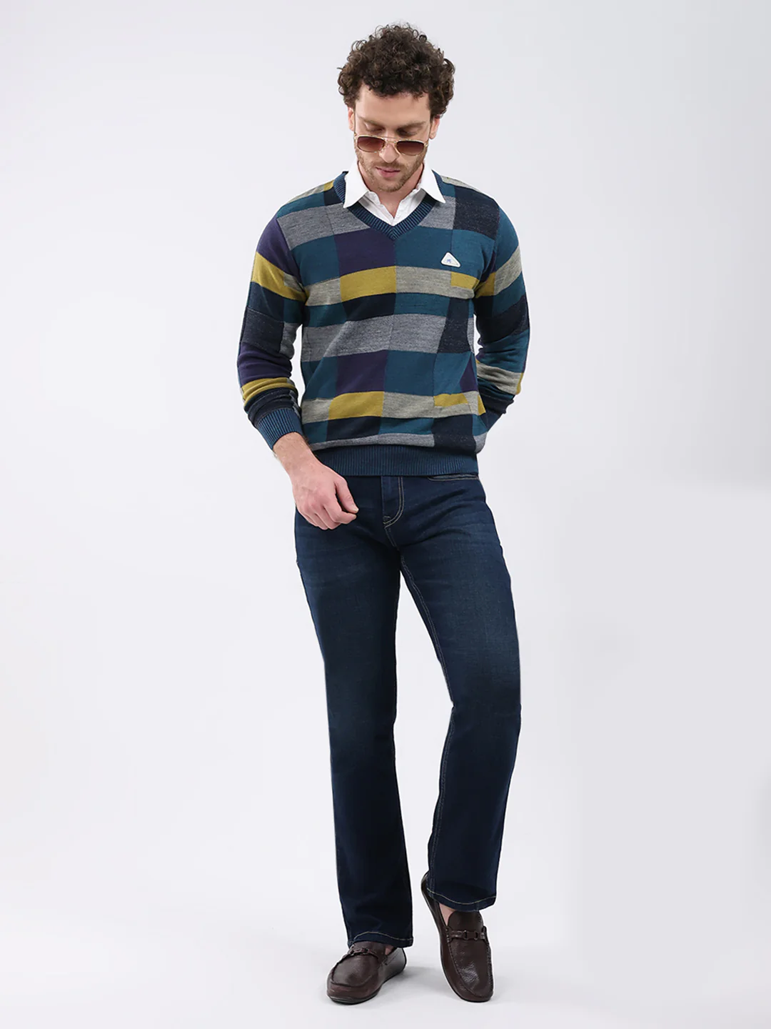 Men Teal Blue Self Design V Neck Full Sleeve Pullover - Image 2