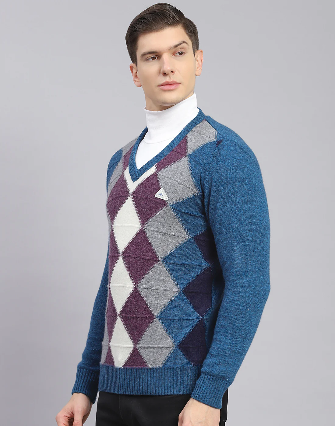 Men Teal Blue Self Design V Neck Full Sleeve Sweater - Image 5