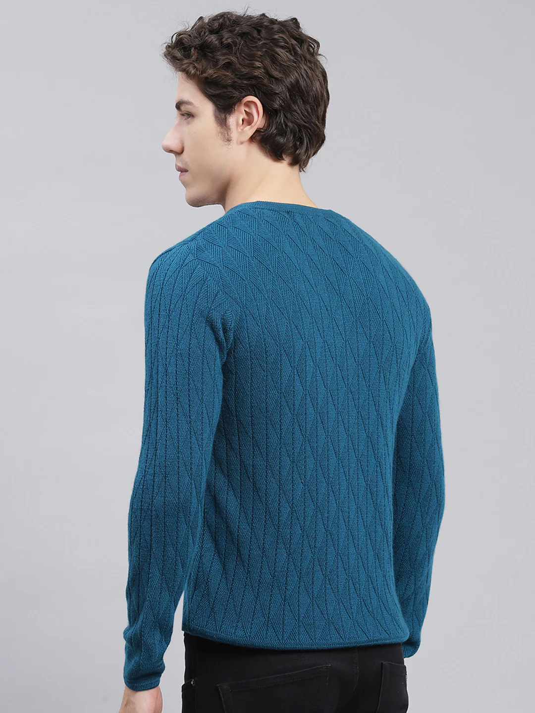 Men Teal Blue Self Design Wool blend Pullover - Image 5
