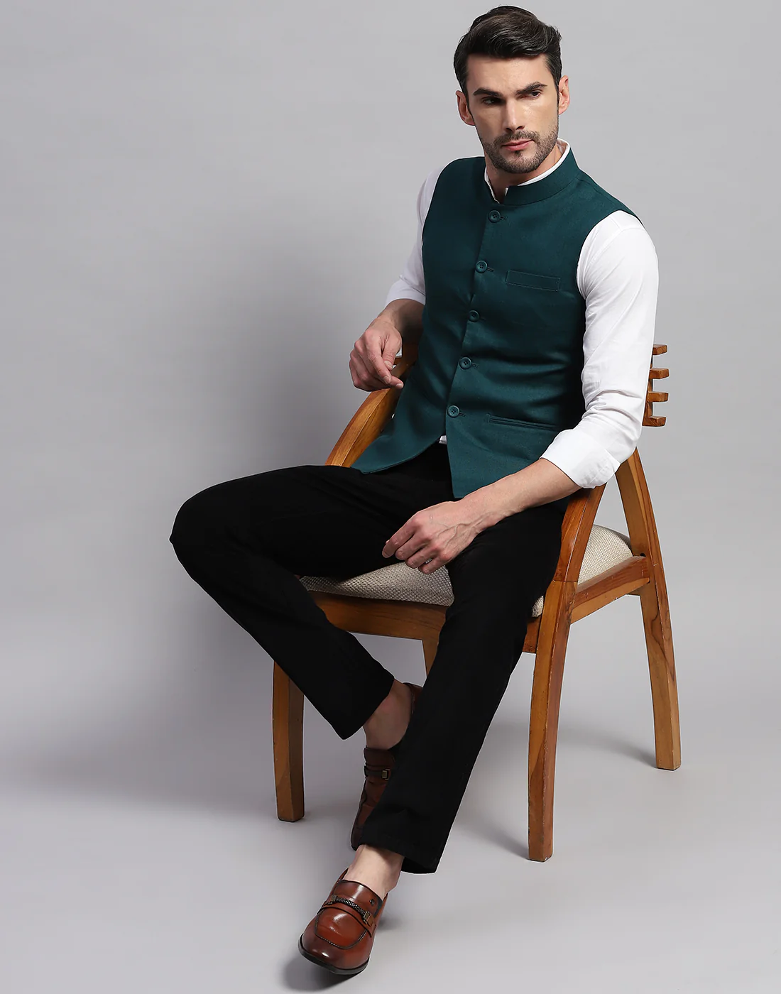 Men Teal Blue Solid Band Collar Sleeveless Nehru Jacket - Image 6