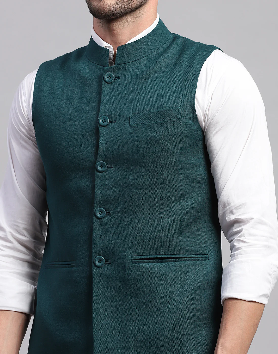 Men Teal Blue Solid Band Collar Sleeveless Nehru Jacket - Image 7