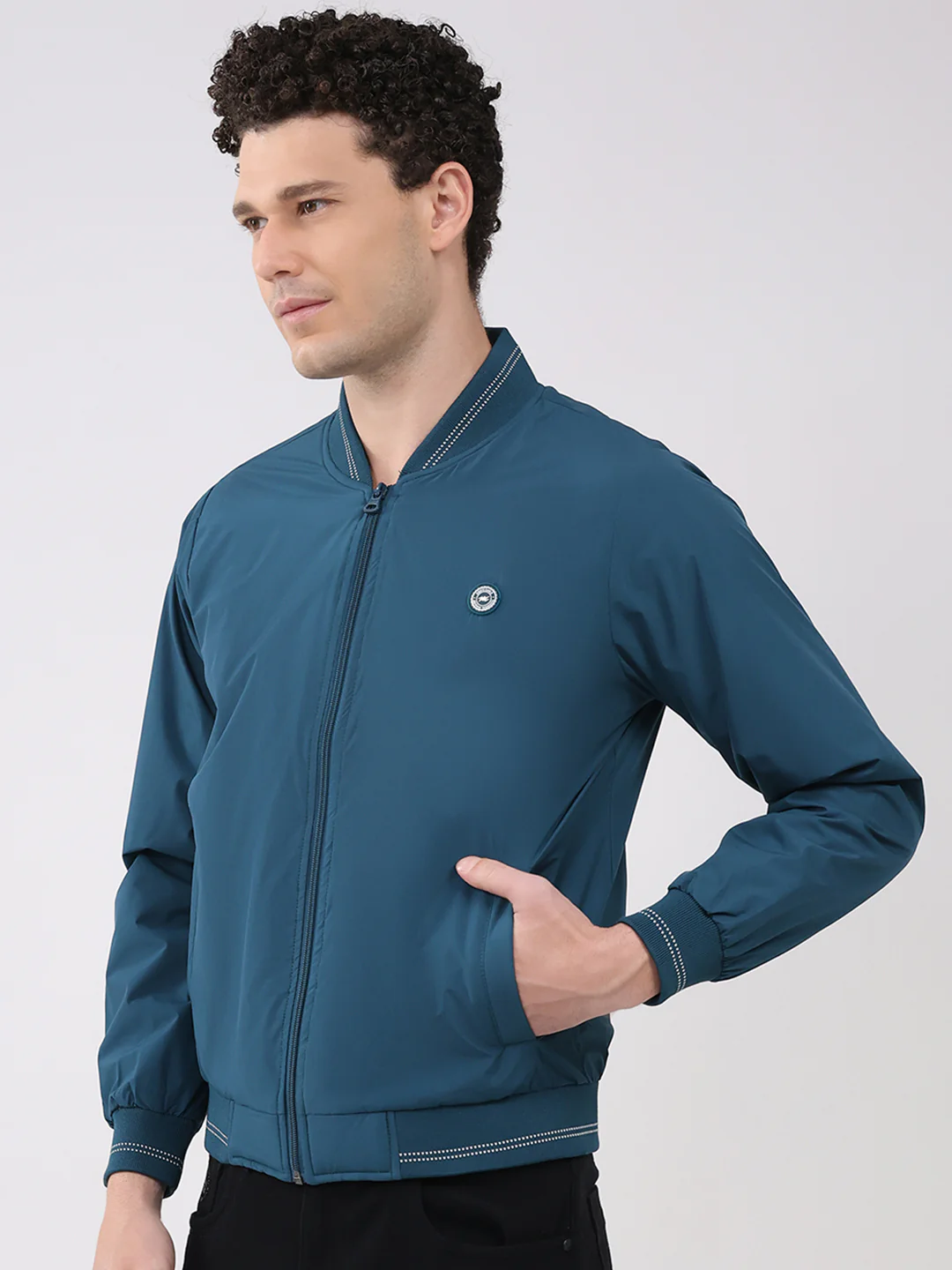 Men Teal Blue Solid Collar Full Sleeve Jacket - Image 3