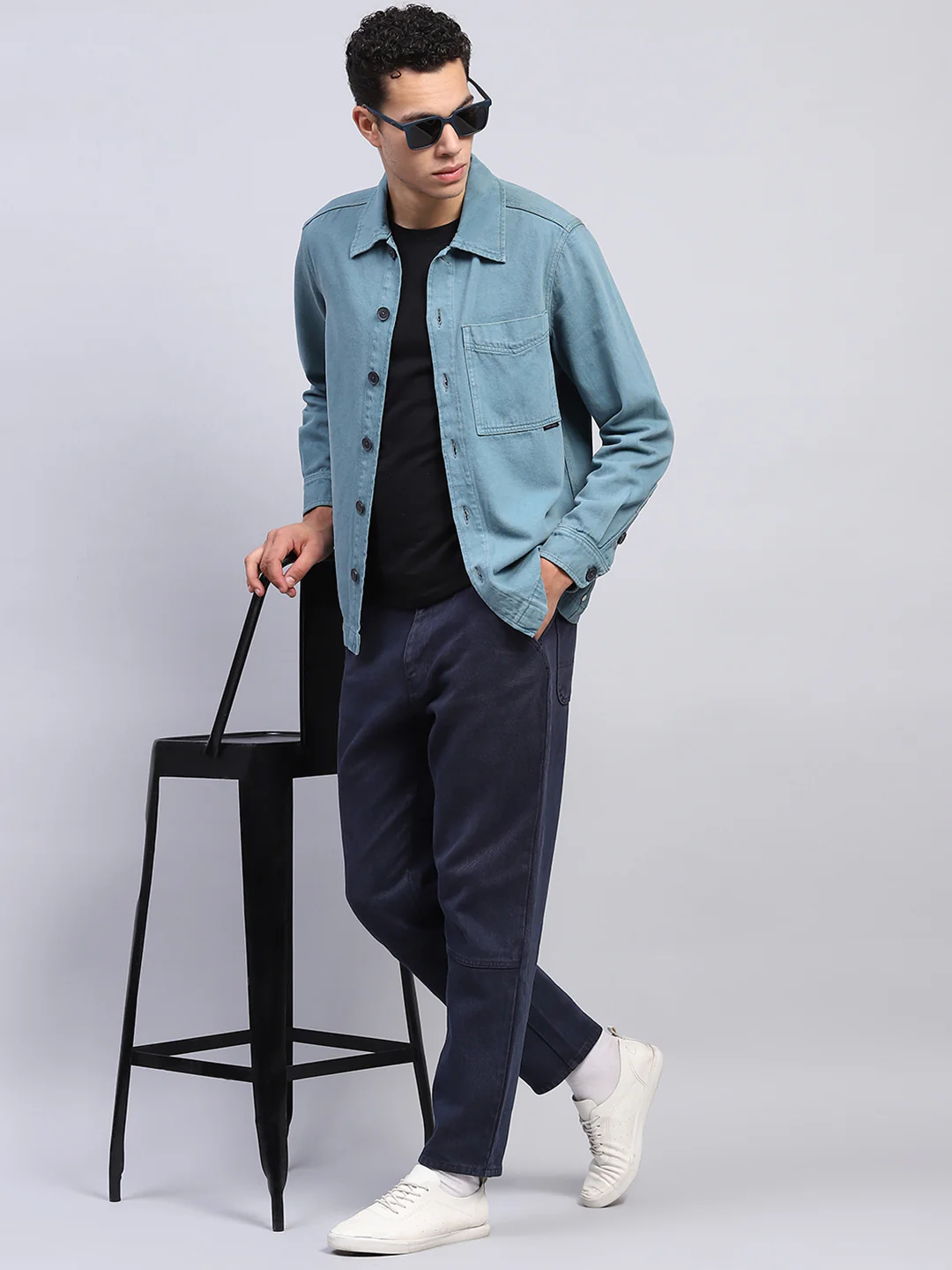 Men Teal Blue Solid Collar Full Sleeve Shirt - Image 2