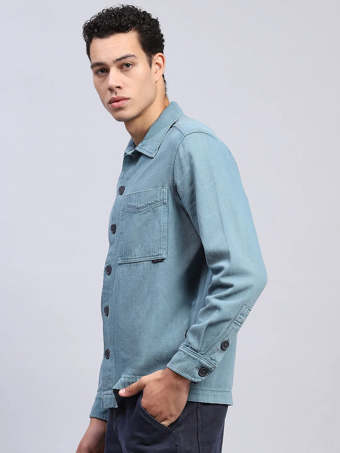 Men Teal Blue Solid Collar Full Sleeve Shirt - Image 3