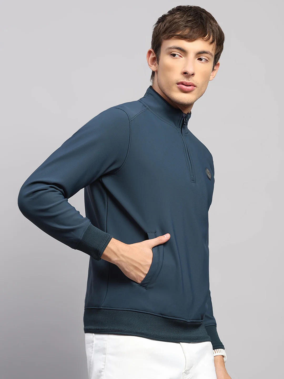 Men Teal Blue Solid Collar Full Sleeve Sweatshirt - Image 4