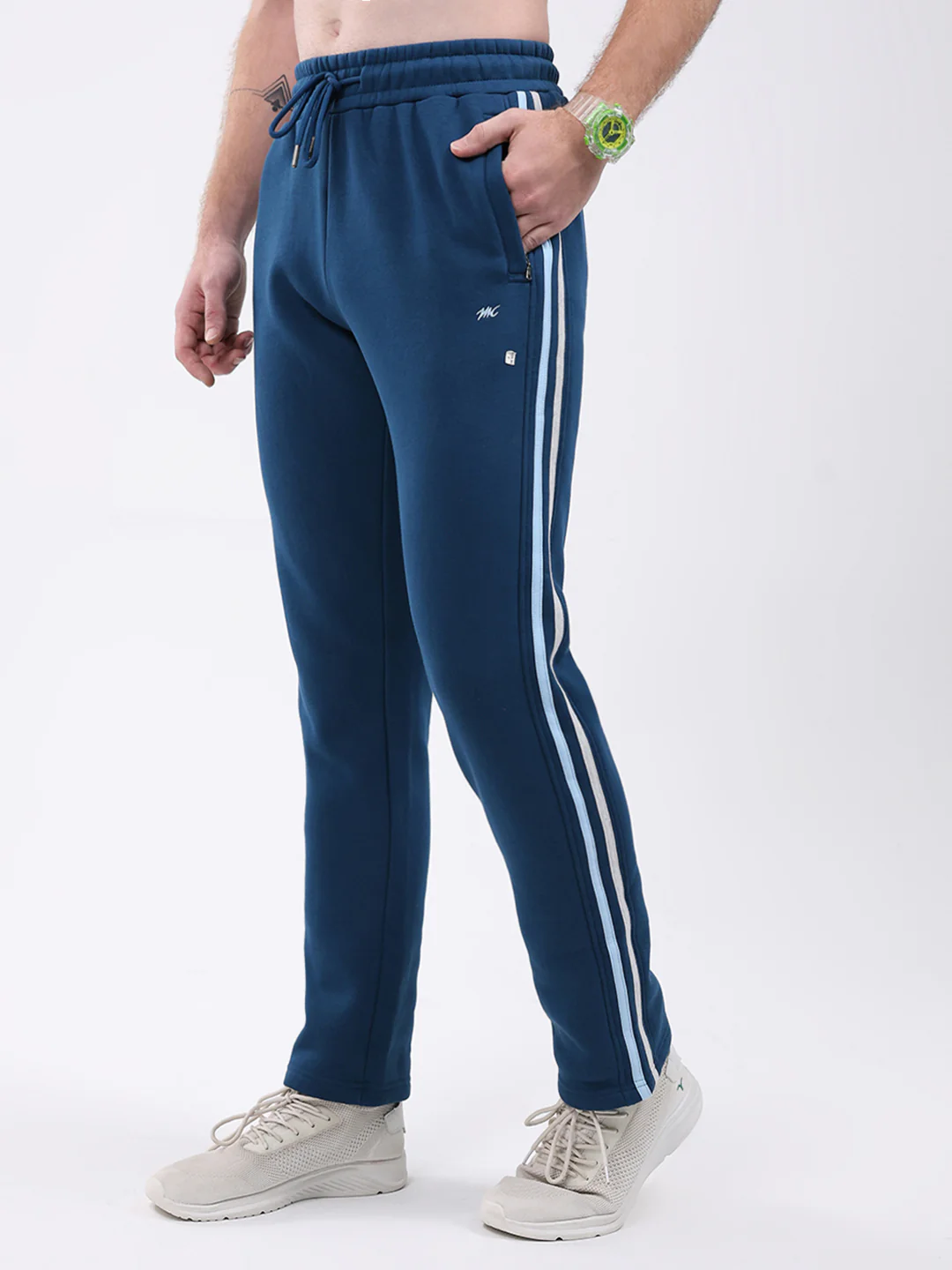 Men Teal Blue Solid Collar Full Sleeve Winter Tracksuit - Image 7