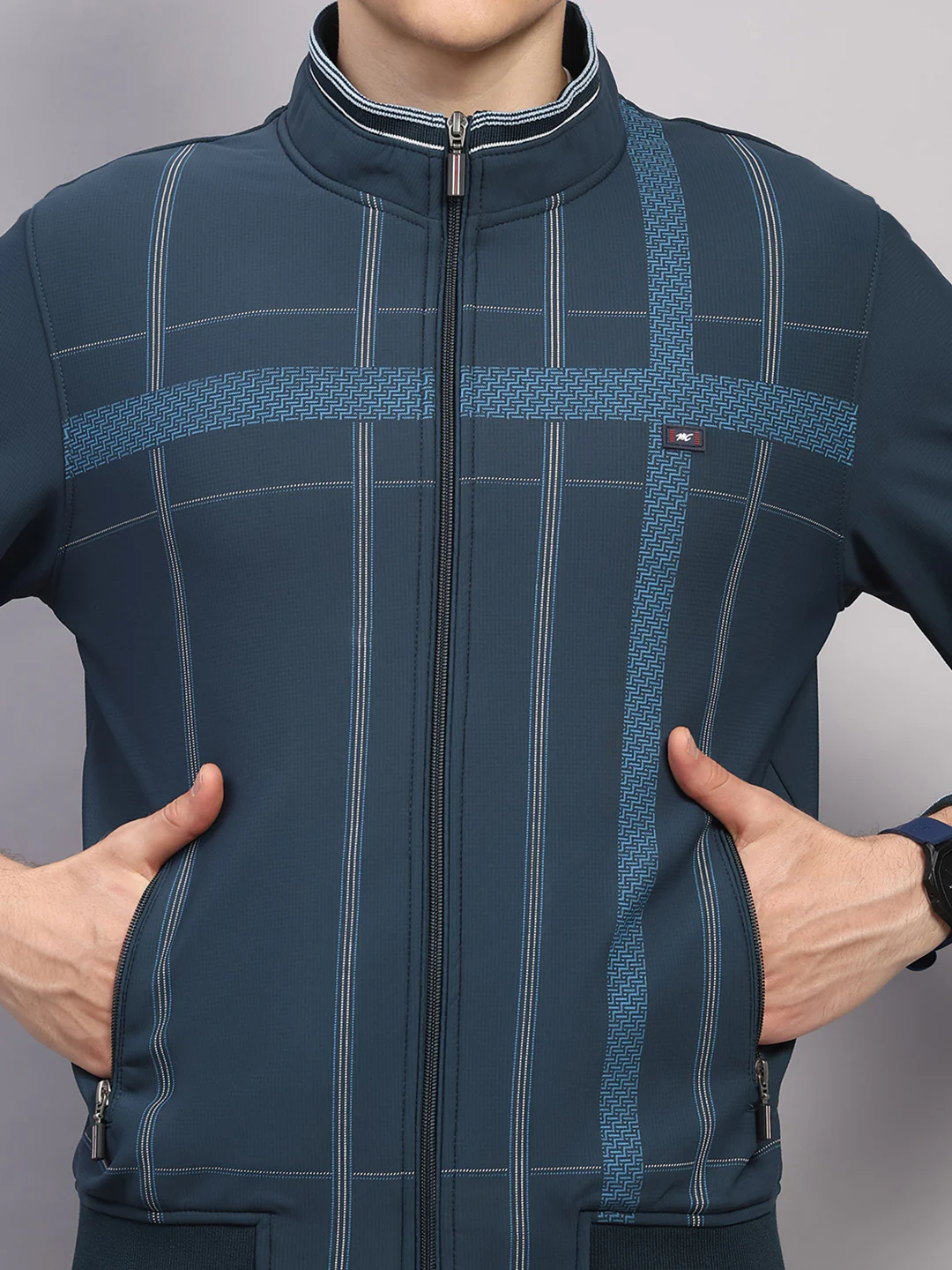 Men Teal Blue Solid Collar Full Sleeve Winter Tracksuit - Image 6