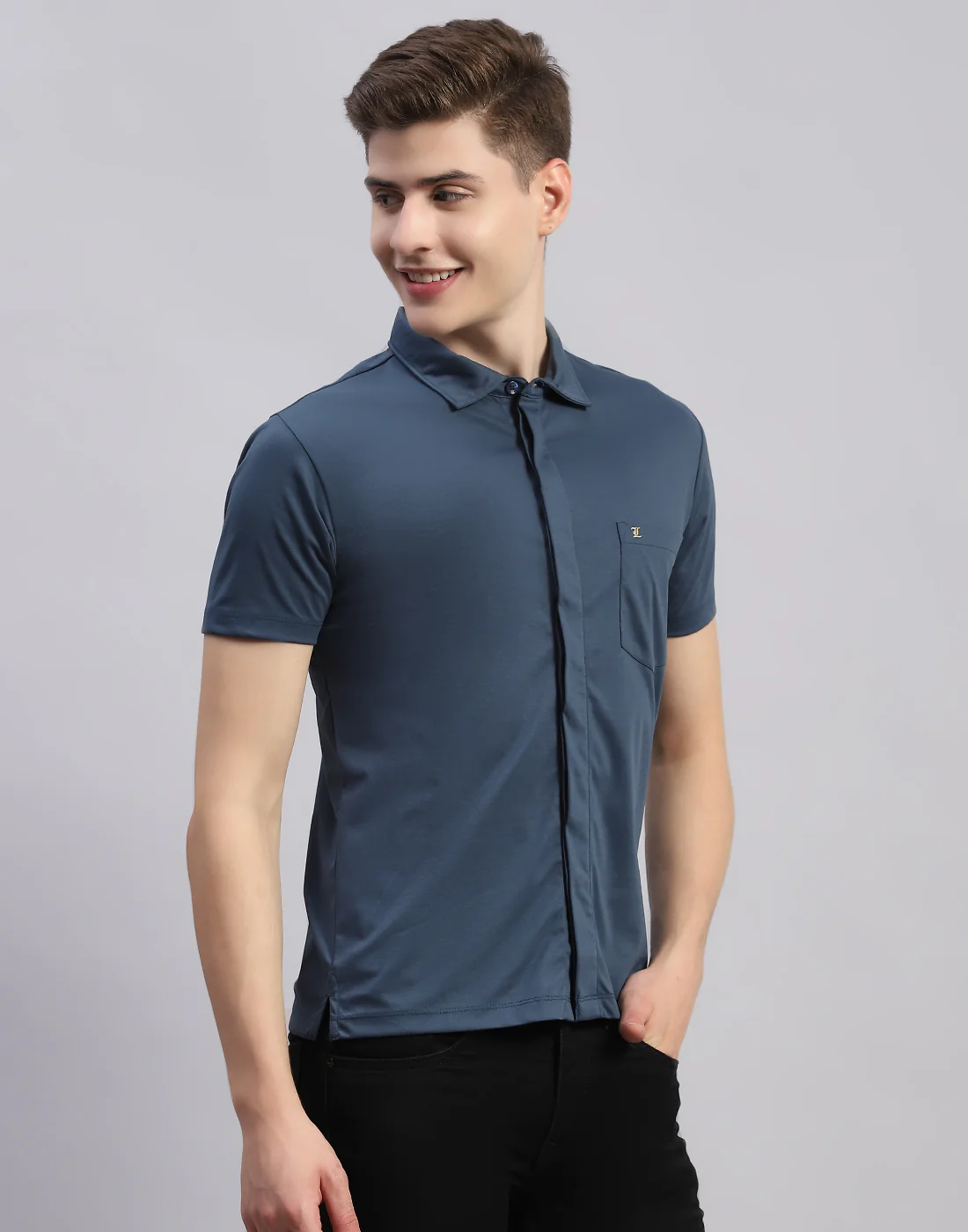 Men Teal Blue Solid Collar Half Sleeve Shirt - Image 4