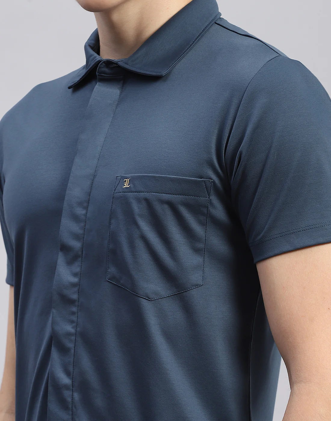 Men Teal Blue Solid Collar Half Sleeve Shirt - Image 6