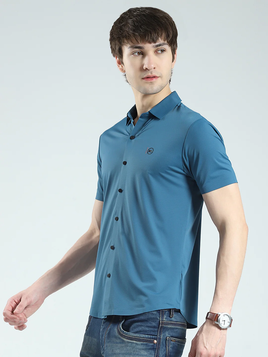 Men Teal Blue Solid Collar Half Sleeve Shirt - Image 3
